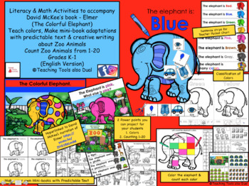 Preview of Elmer the Elephant Activities, Learn Colors, Mini-Books, Counting Zoo Animals K1