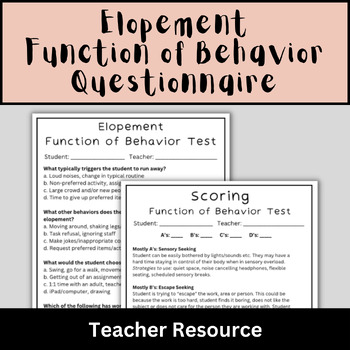 Preview of Elopement: Function of Behavior Questionnaire - Teacher Resource