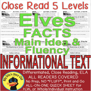 Preview of Elves CLOSE READING 5 LEVELED PASSAGES Main idea Fluency Check TDQs & More