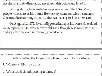 Preview of Elvis Presley Biography Reading and Answer WS