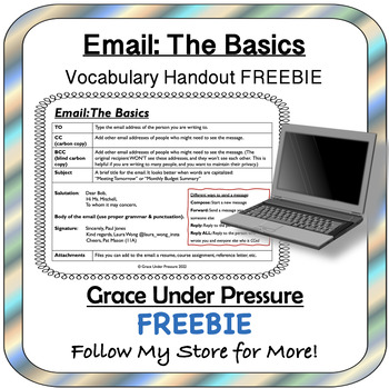 Preview of Email Vocabulary Handout FREEBIE with EASEL Drag & Drop: Important Life Skills