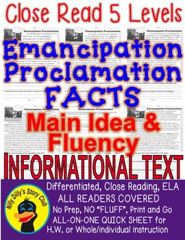 Preview of Emancipation Proclamation CLOSE READING LEVELED PASSAGES Main Idea Fluency TDQs