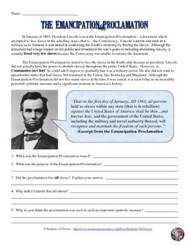 Preview of Emancipation Proclamation Worksheet Activity for Abraham Lincoln Lesson