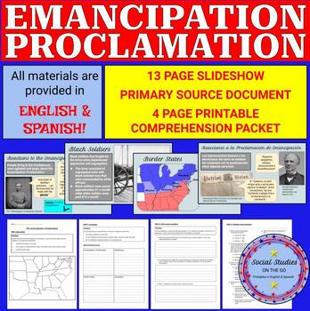 Preview of Emancipation Proclamation, digital slideshow, printable packet (English/Spanish)
