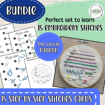 Preview of Embroidery bundle:15 step-by-step stitches cards and The cercle sampler pattern