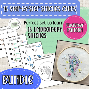 Preview of Embroidery bundle:15 step-by-step stitches cards and The feather sampler pattern
