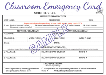 Emergency Card, Student Emergency Card, Classroom Emergency Card