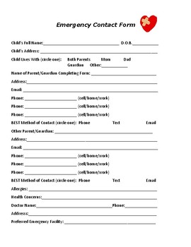 Emergency Contact Form by Eboni Griffin | TPT