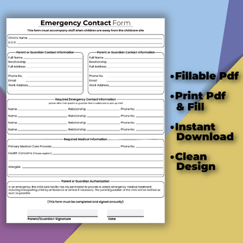 Preview of Emergency Contact Form For Daycares, childcare. Emergency Contact list.