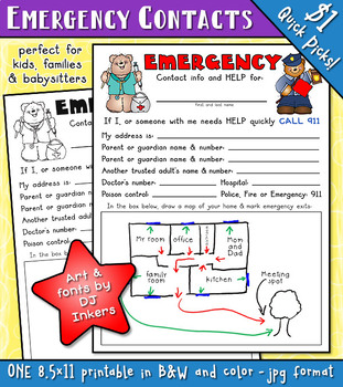 Preview of Emergency Contact Sheet for Kids - Family Safety Printable