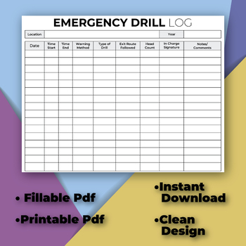 Preview of Emergency Drill Log. Fire Drill Record for Daycare and School. Fire Alarm Log.