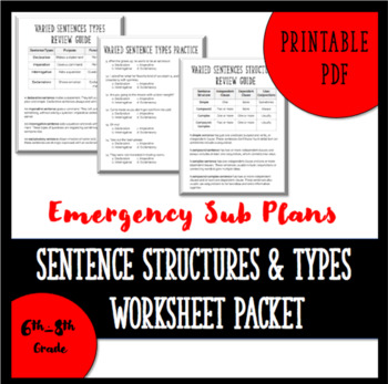 Preview of Emergency ELA Sub Plans 6th-8th: Sentence Types & Structures Packet