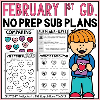 Preview of February NO PREP Sub Plans 1st Grade | Valentine's Day Spiral Review Worksheets