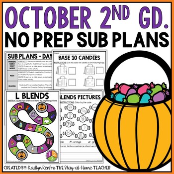 Preview of October NO PREP Sub Plans Pack 2nd Grade | Halloween Spiral Review Worksheets