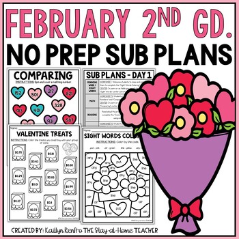 Preview of February NO PREP Sub Plans 2nd Grade | Valentine's Day Spiral Review Worksheets