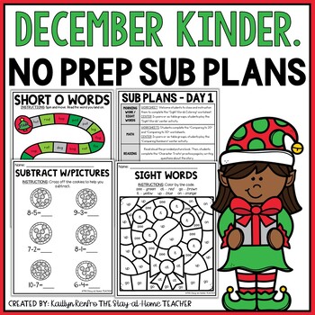 Preview of December NO PREP Sub Plans Pack Kindergarten Christmas Spiral Review Worksheets