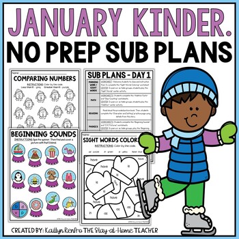 Preview of January NO PREP Sub Plans Pack Kindergarten | Winter Spiral Review Worksheets