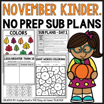 Preview of November NO PREP Sub Plans Pack Kindergarten | Fall Spiral Review Worksheets