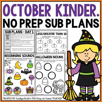 Preview of October NO PREP Sub Plans Pack Kindergarten | Halloween Spiral Review Worksheets