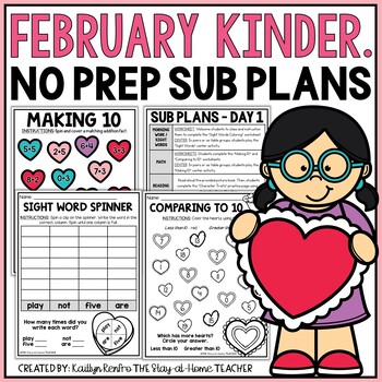 Preview of February NO PREP Sub Plans Kindergarten Valentine's Day Spiral Review Worksheets
