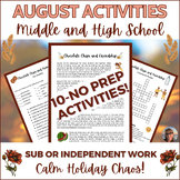 August Puzzles Activity Middle High School Independent Wor