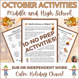 October Puzzles Activity Middle High School Independent Wo