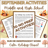 September Puzzle Activity Middle High School Independent W