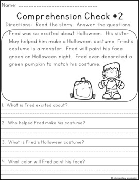 Emergency Sub Plans 1st grade Fall Comprehension Passages Kinder No ...