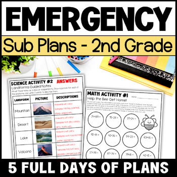 Preview of Emergency Sub Plans 2nd Grade - No Prep Substitute Binder or Sub Tub Worksheets