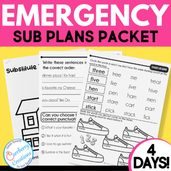 Preview of Emergency Sub Plans 2nd Grade Substitute Teacher Binder No Prep Plans For Fall