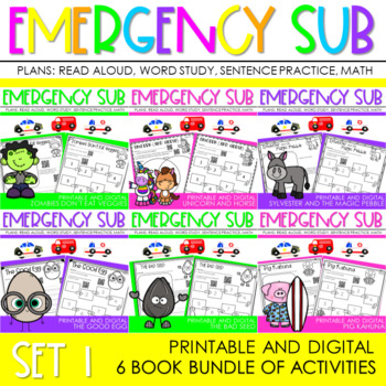 Preview of Emergency Sub Plans Print and Go Reading Response, Word Work & Math Activities