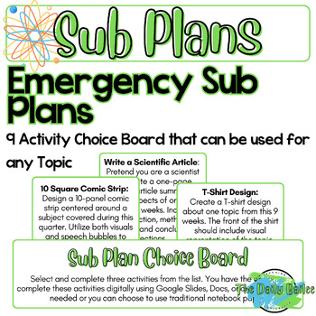 Preview of Emergency Sub Plans - Choice Board for Any Topic