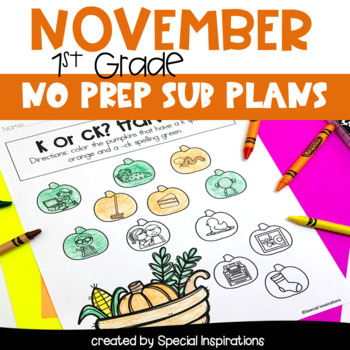 Preview of Emergency Sub Plans For 1st Grade (November)