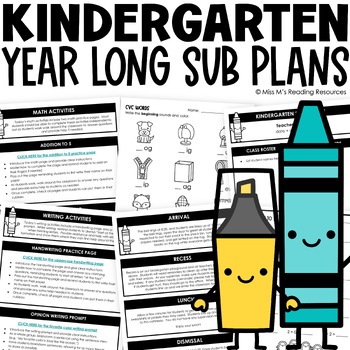 Preview of Emergency Sub Plans Kindergarten Bundle | Sub Binder Editable Substitute Plans