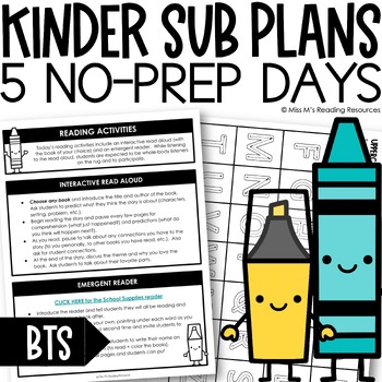 Preview of Sub Plans Kindergarten EDITABLE Emergency Substitute Plans BACK TO SCHOOL