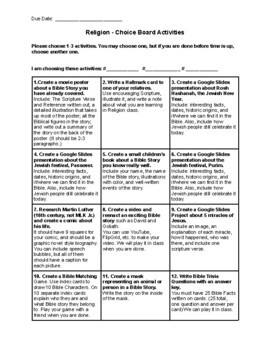 Preview of Emergency Sub Plans - Religion Choice Board Activities