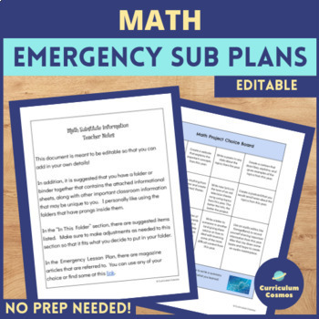 Preview of Emergency Sub Plans for Math with Choice Board for Middle School