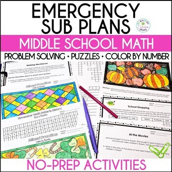 Preview of Emergency Math Sub Plans for Middle School: Coloring, Problem Solving, More