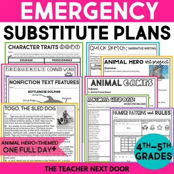 Preview of Emergency Sub Plans 4th 5th Grade Animal Hero FULL DAY No Prep Substitute Plans