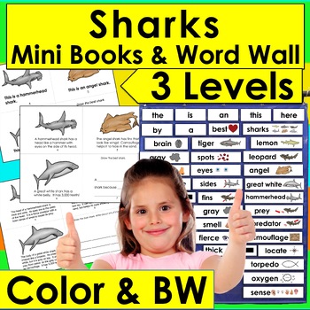 Sharks Mini Books Summer School Reading 3 Reading Levels + Illustrated Word Wall