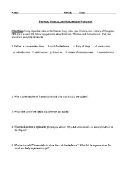 Preview of Emerson, Thoreau, and Romanticism Worksheet or Assessment  with Answer Key