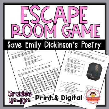 Preview of Emily Dickinson ESCAPE ROOM: Poetry Month Reading Comprehension, Analysis, POEMS
