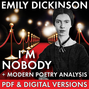 Preview of Emily Dickinson “I’m Nobody” Poetry Analysis + Modern Poem, Fame Theme, CCSS