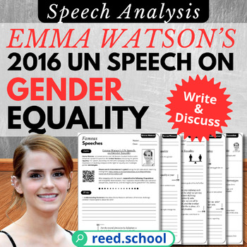 Preview of Emma Watson's 2016 UN Speech Gender Equality: Speech Analysis, Discussion, Write