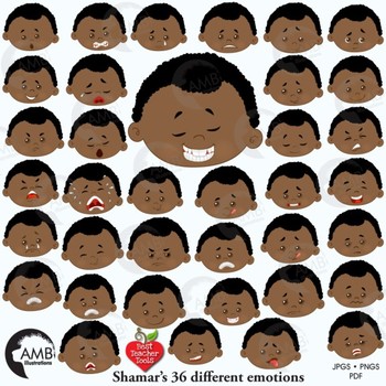 Preview of Emoji, Multicultural Emoticons, African American Boy Feelings Clipart, AMB-2331