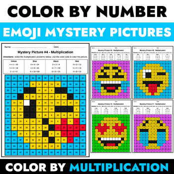 Preview of Emoji Color by Code Mystery Pictures - Math Activity - Multiplication facts