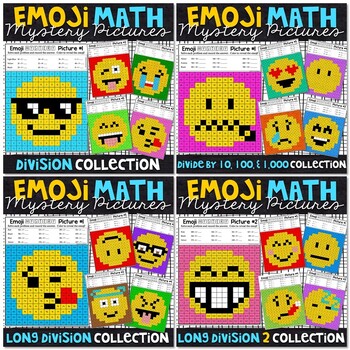 Preview of Emoji Division Math Mystery Pictures | DIVISION Color by Number Bundle