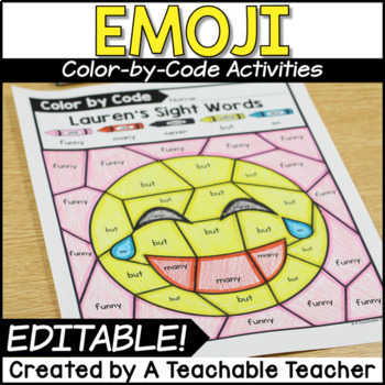 Preview of Emoji Editable Color by Code | Color by Sight Words Editable