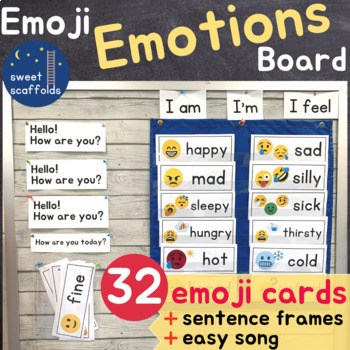 Preview of Emoji Emotions Feelings Cards: Bulletin Board/Word Wall for Morning Meeting, ESL