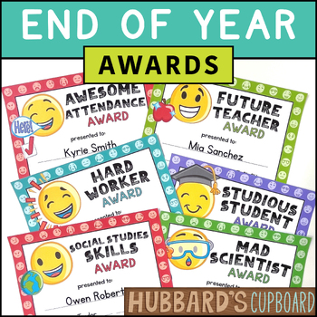 Preview of Emoji End of the Year Awards Certificates - Auto-fill Classroom Student Awards